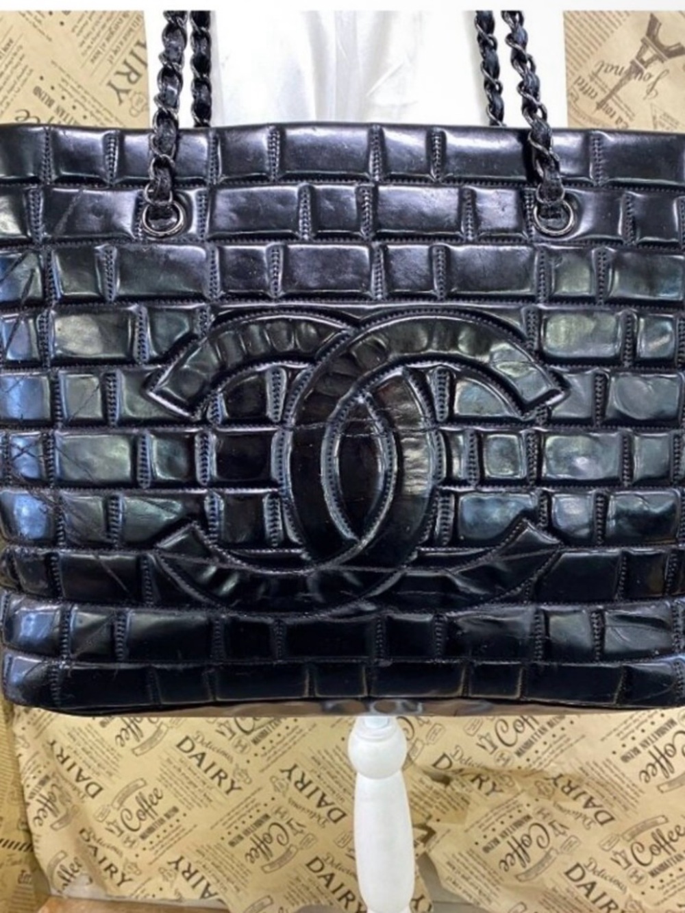 Chanel Tote Chocolate Bar Big CC Logo Chain Black Business Travel